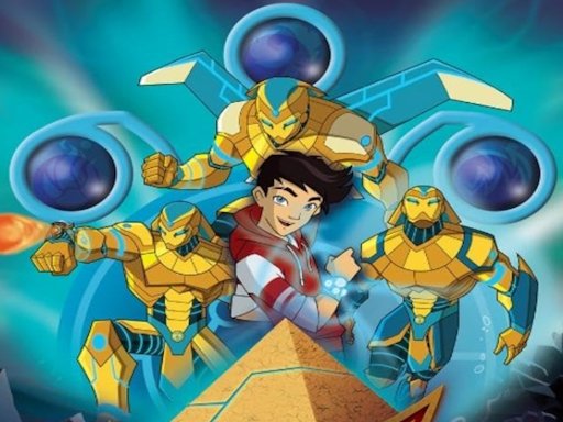 Image of the game's hero amidst ancient Egyptian characters, with a pyramid towering below.