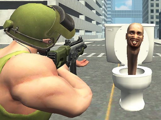 Image of a fearless soldier taking aim at a skibidi toilet in Skibidi Toilet Shooting game.