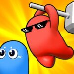 Image of a daring red hero mid-jump, poised to deliver a satisfying hammer blow to a hapless blue rival in the vibrant world of Smashers.io.