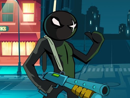 Image of a slick stickman armed and ready for pixelated action in StickMan Team Force game.