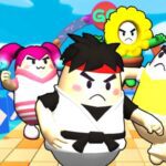 Image of energetic pals dashing through a thrilling challenge in Stumble Survival Guys.