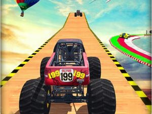Image of a roaring red monster truck poised for action.
