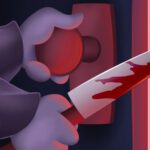 Image of a mysterious hand opening a door while clutching a bloodied knife in the other hand.