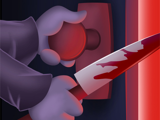 Image of a mysterious hand opening a door while clutching a bloodied knife in the other hand.