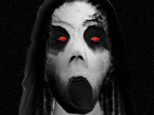 Image of eerie and menacing Slendrina's face, ready to haunt your nightmares.