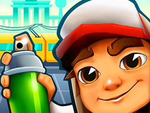 Image of a rebellious hooligan mid-surf, spraying vibrant graffiti in Subway Surf 2.
