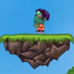 Image of a spirited character on a quest, reaching for a brain from a levitating platform in Zombie And Brain game.