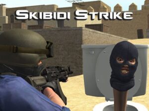 Image of a fearless soldier taking aim at a mischievous Skibidi Toilet adversary in the whimsical world of Skibidi Strike game.