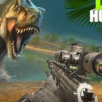 Image of a fearsome T-Rex in a dramatic standoff with a determined hunter in Sniper Dinosaur Hunting game.