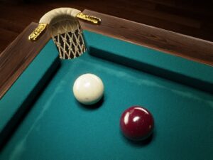 Image of a strategic face-off: a white and bordeaux ball poised near a pocket in The Best Russian Billiards game.