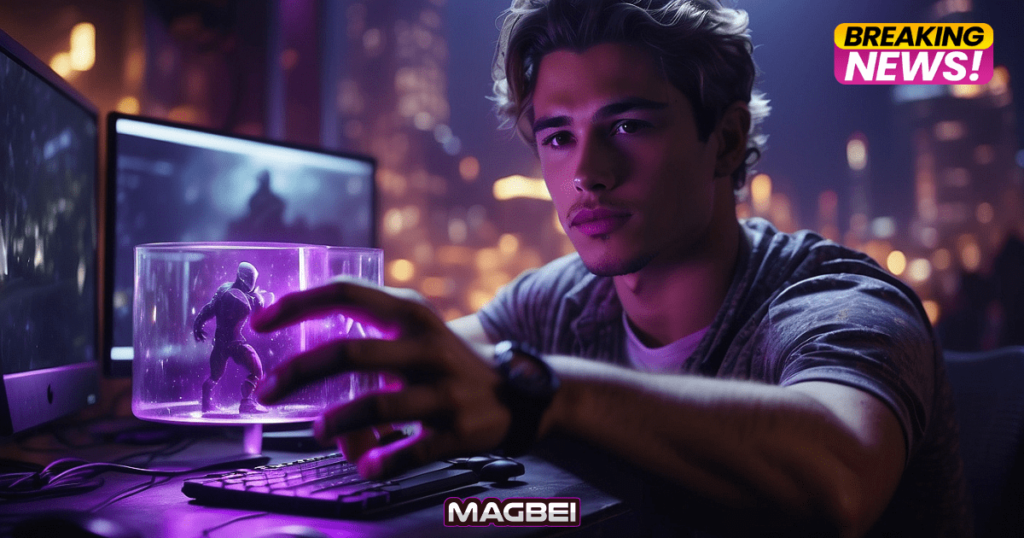 A young gamer reaching through a computer screen, grasping a character from a platform game, symbolizing the merging of the virtual and physical worlds through NFTs.