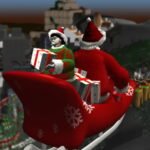 Image of Santa Claus soaring on his sleigh, gleefully hurling gifts into chimneys in a festive sky-high spree. ????✨