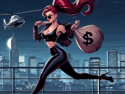 Image of the game character, a spirited girl, sprinting with a bag of loot, embodying the thrill and excitement of Floor Jumper Escape.