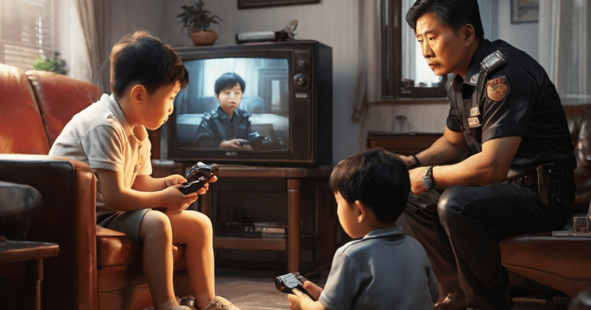 Image of two chinese kids controlled by a policeman while playing games at home.