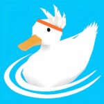 Image of a stylized white duck with an orange beak, wearing an orange headband, floating on a blue background with circular ripples around it, as seen in the game Ducklings.io.