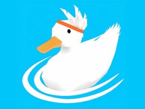 Image of a stylized white duck with an orange beak, wearing an orange headband, floating on a blue background with circular ripples around it, as seen in the game Ducklings.io.