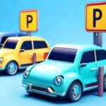 Image of a mobile game with colorful text that says "PIZZA" above a grid of cars and trucks. The background suggests a city environment.