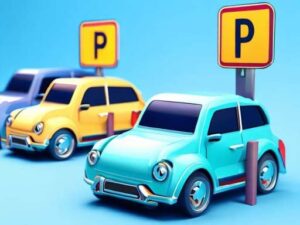 Image of a mobile game with colorful text that says "PIZZA" above a grid of cars and trucks. The background suggests a city environment.
