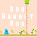 Image of a frantic rabbit dashing through a treacherous obstacle course, leaping over spikes and gaps in a desperate quest for carrots.