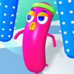 Image of a vibrant fuchsia sausage, dodging obstacles in a wacky 3D mini-game. Will this sassy sausage survive the Sausage Survival Master online?