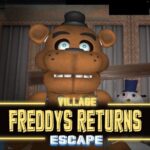 Image of a menacing Freddy looming large over the title "Freddys Return Village Escape," casting a long shadow that hints at the chilling adventure ahead.