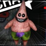 Image of a shadowy figure lurking in a dusty, cobweb-filled garage. Only its glowing red eyes pierce the darkness, hinting at the monstrous entity guarding the scattered toys.