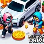 Image of Obby and Noob, pumped and ready for a wacky driving adventure in their colorful car.