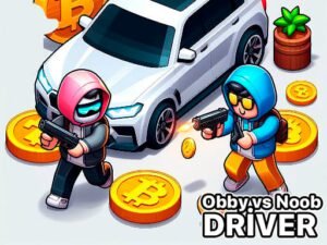 Image of Obby and Noob, pumped and ready for a wacky driving adventure in their colorful car.
