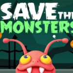 Image of a whimsical Halloween scene: a cute, dangling monster with big eyes pleads for help, while playful text above reads "Save the Monsters!"