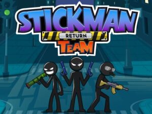Image of three stick figures, each armed with different weapons, ready for action in the game "Stickman Team Return."