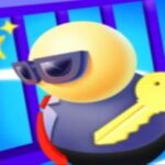 Image of Wobble Robber Man, a clumsy thief in a suit, sneaking past a security camera in a brightly lit office building.