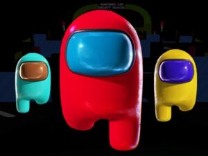 Image of four Among Us crewmates in various colors (red, yellow, blue, brown) running on a platform illuminated by neon lights. The game title "Among Us Night Race" is displayed at the top in glowing letters.