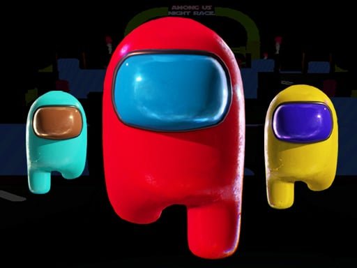 Image of four Among Us crewmates in various colors (red, yellow, blue, brown) running on a platform illuminated by neon lights. The game title "Among Us Night Race" is displayed at the top in glowing letters.