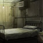 Image of a dimly lit, dilapidated bedroom in Granny House. A single bed with a rumpled blanket sits against a worn wooden wall, illuminated by a flickering lightbulb. A sense of unease and foreboding permeates the room.