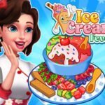 Image of a smiling ice cream shop owner, ready to serve colorful and delicious ice cream cones and sundaes in Ice Cream Fever game.