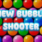 Image of the New Bubble Shooter game title on a colorful background of bubbles.