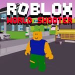 Image of a Roblox character, dressed in a blue shirt and green pants, standing on a suburban street in front of a yellow school bus, with the game title "Roblox World Shooter" displayed above.