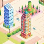 Image of a bustling cityscape from an isometric perspective, showcasing various colorful buildings, lush green trees, and streets filled with cars.