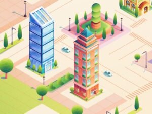 Image of a bustling cityscape from an isometric perspective, showcasing various colorful buildings, lush green trees, and streets filled with cars.