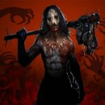 Image of a menacing, masked figure with a blood-stained weapon, standing amidst outstretched zombie hands in a fiery red background, from the horror game Zombie Escape: Horror Factory.