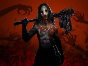 Image of a menacing, masked figure with a blood-stained weapon, standing amidst outstretched zombie hands in a fiery red background, from the horror game Zombie Escape: Horror Factory.