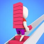 Image of a white, cartoon-like character carrying a stack of pink blocks up a set of stairs.