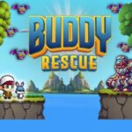 Image of the Buddy Rescue game title screen, featuring a boy and his animal buddy standing on a grassy cliff edge. They are facing right towards a large, menacing robot on a separate cliff with water between them. Flying purple bat-like creatures are visible in the sky above. The game's title, "Buddy Rescue," is prominently displayed in the center of the image.