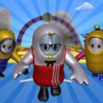 Image of three cartoon characters running on a blue track. The character in the foreground is a white bean-shaped creature with a red apron, a black mustache, and glasses. The character on the left is a yellow minion with blue overalls. The character on the right is a yellow bean-shaped creature with a green head and a red shirt.