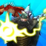 Image of a giant green turtle-like kaiju with a spiked shell and tail, facing a flying red dragon, with a yellow energy symbol in the foreground.