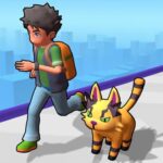 Image of a young boy with a backpack, running alongside a fierce-looking yellow and black cat-like creature, on a narrow path high above a city.