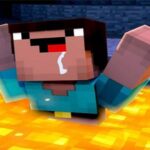 Image of a Noob Minecraft character with a surprised expression, standing in lava, from the game Noob Minecraft VS Skibidi Toilet.