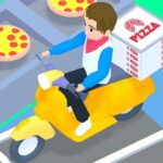 Image of a mobile game with colorful text that says "PIZZA" above a grid of cars and trucks. The background suggests a city environment.