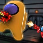 Image of a red character from Among Shooter Online shooting a bullet at a yellow character, showcasing the intense action and competitive gameplay.