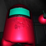 Image of a red, battle-worn crewmate with a cracked helmet visor in Among Us Horror 3D. The background features another red crewmate, floating ominously in a dark, eerie environment, capturing the tense atmosphere of the game.